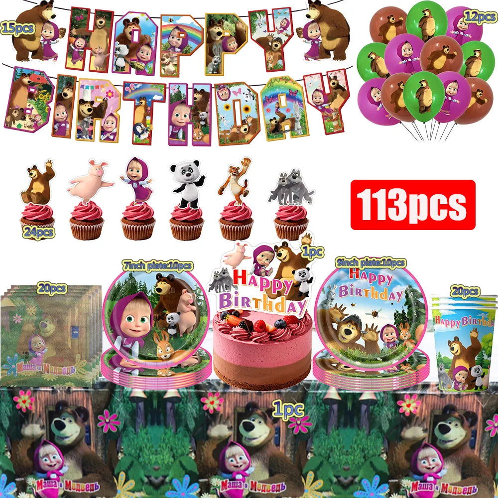 ensemble vaisselle jetable masha ours assiettes gobelets serviettes anniversaire enfant cartoon
