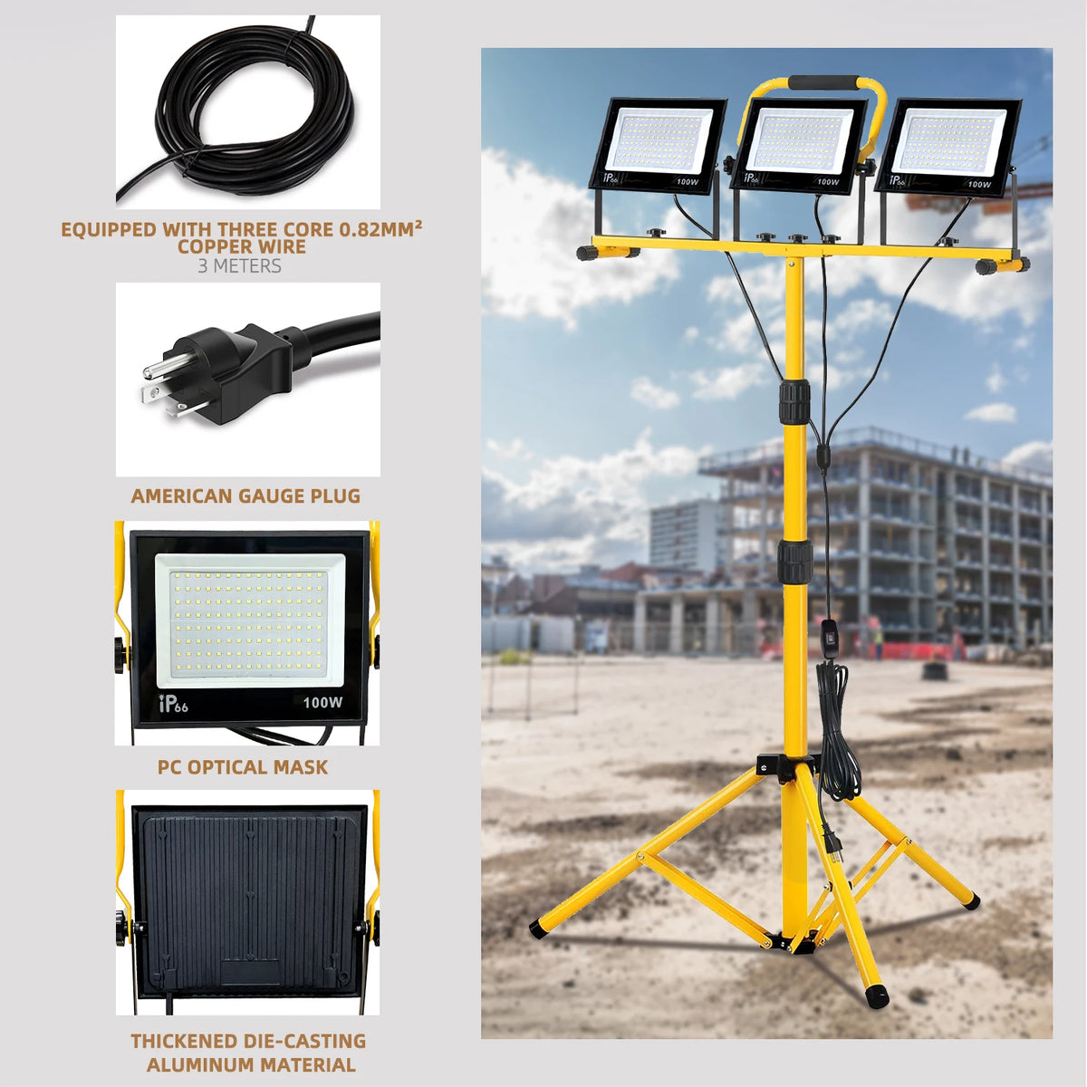 lampe travail portable urgence jaune noire ip66 led aluminium moderne câble prise optique support