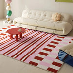tapis moderne rectangle polypropylène polyester bleu clair rouge blanc beige rayures horizontales bordure géométrique