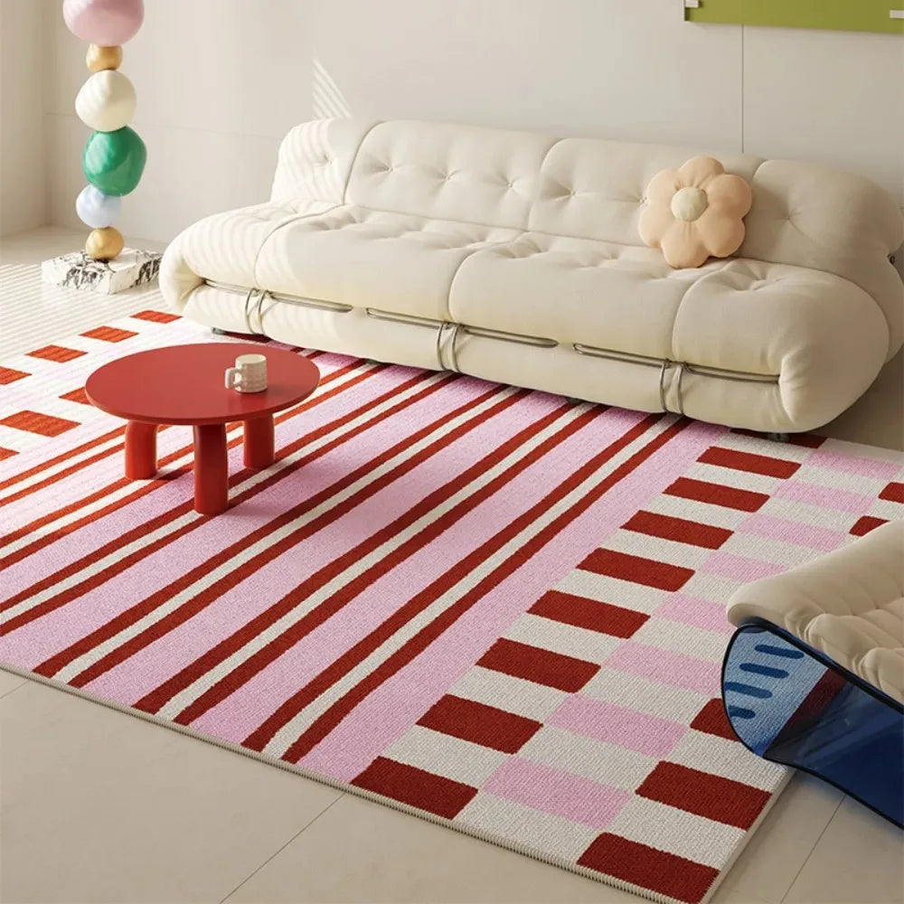 tapis moderne rectangle polypropylène polyester bleu clair rouge blanc beige rayures horizontales bordure géométrique