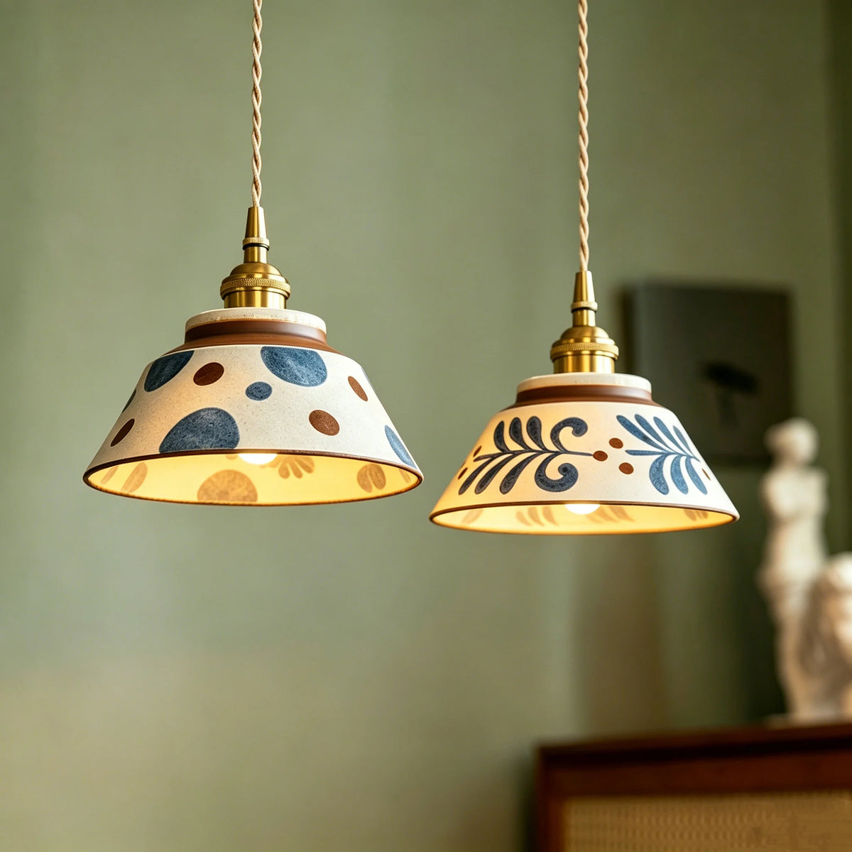 lampe suspendue vintage blanc bleu motif floral ajustable cuisine chambre