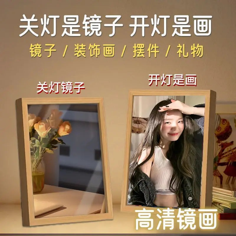 cadre photo miroir éclairage intégré bois clair moderne minimaliste photos portraits fleurs support
