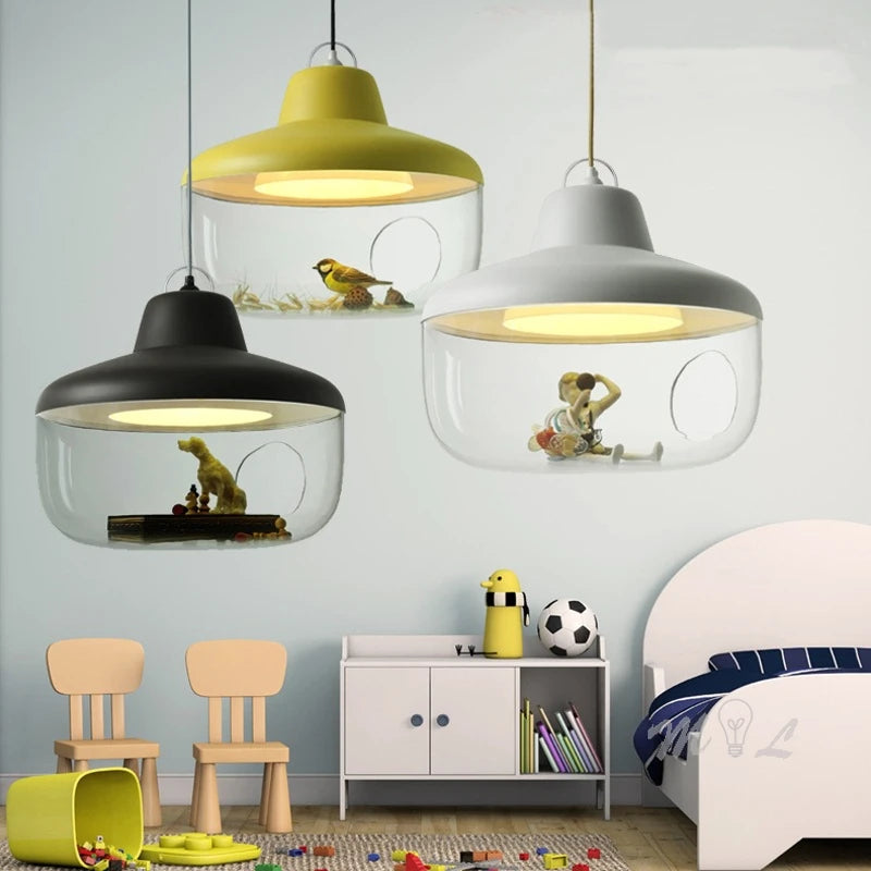 pendants led suspension chambre salon original oiseaux enfants dinosaures abatjour transparent Blanc