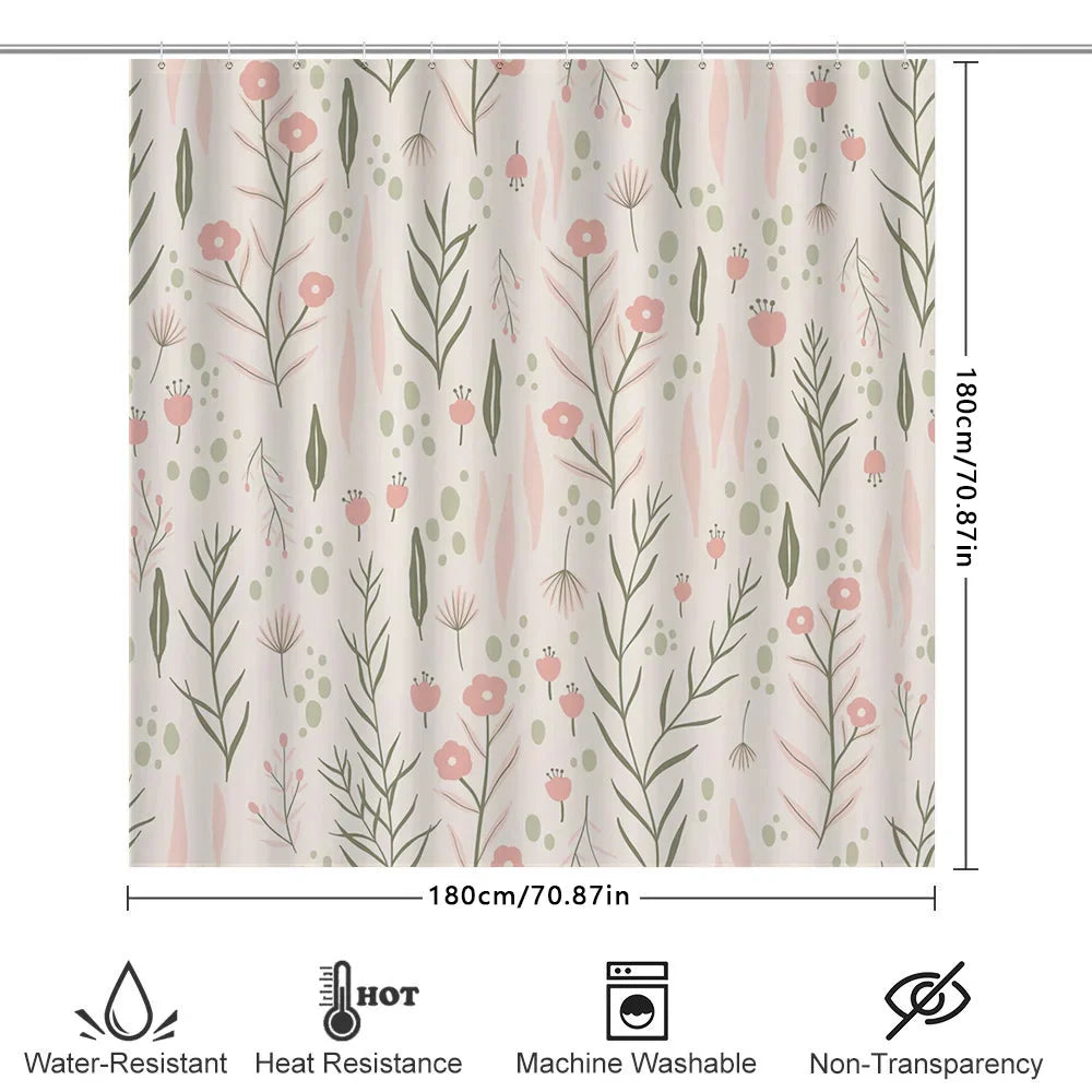 rideau douche fleurs stylisées polyester moderne beige rose vert anneaux fixation 180cm 180cm