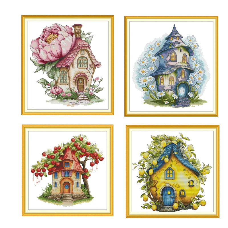 kit broderie scénique fleurs maison arbres fruitiers coton peintures rose blanc bleu vert jaune