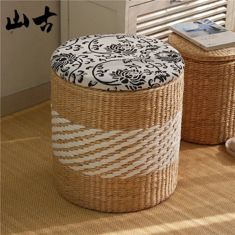 coffre jouets tissu floral noir blanc rustique boho chic coussin amovible poignées métalliques pieds