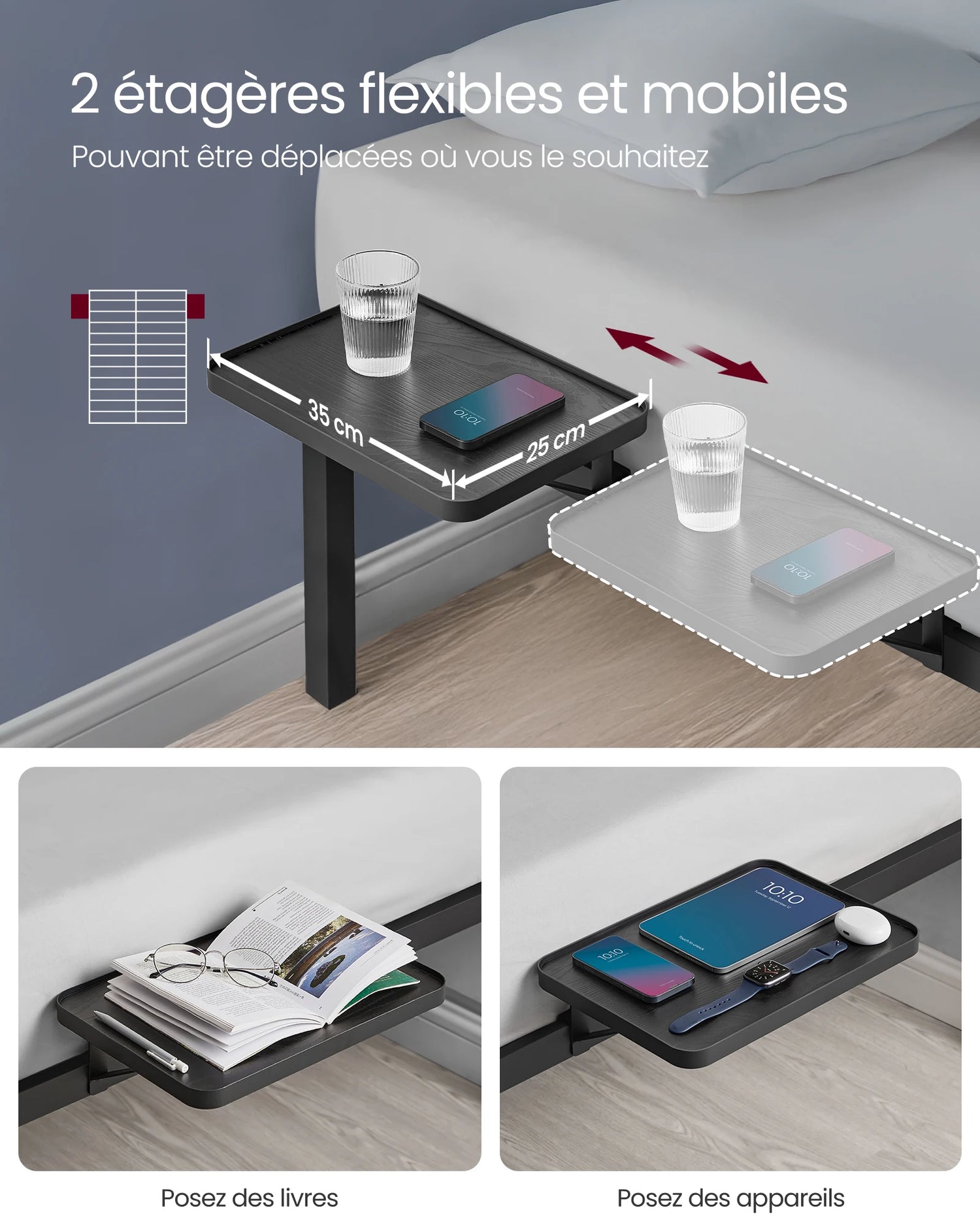 Vue de côté montrant l'espace sous le lit pour rangement