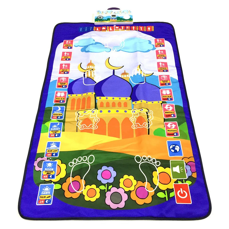 tapis interactif éducatif prière enfants musulmans illustrations mosquée palmiers motifs floraux éducatifs