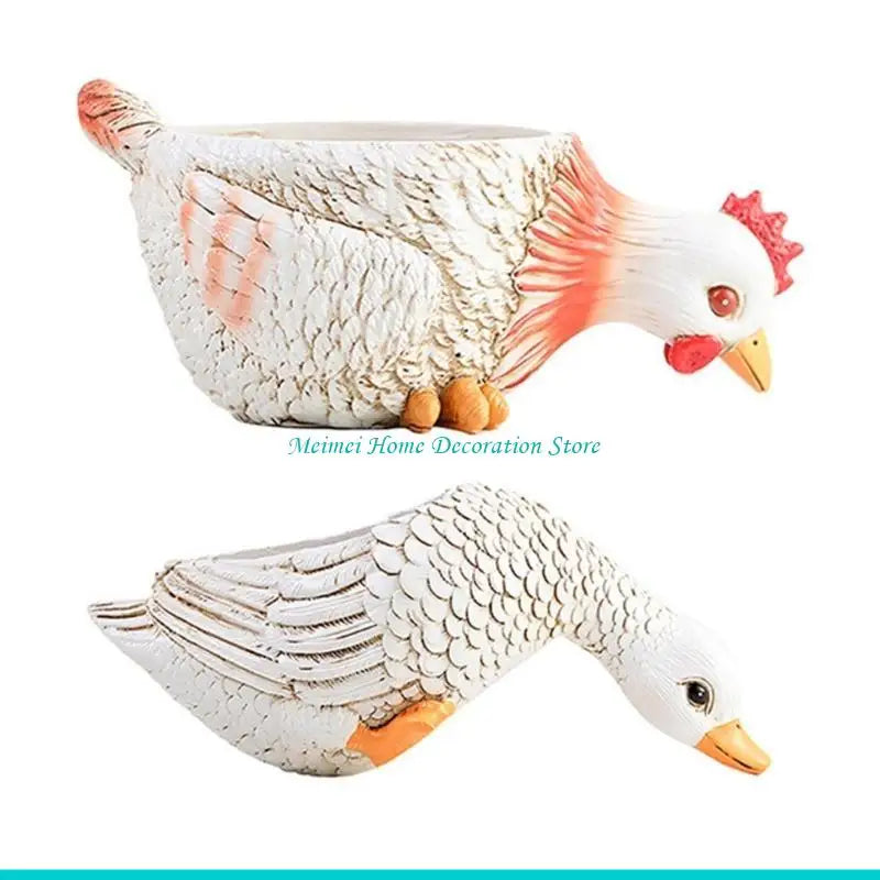 pots fleurs forme poulet canard résine imitation plumes texture rustique blanc orange rouge