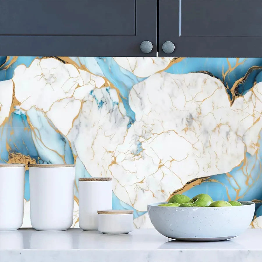 papier peint autoadhésif marbre moderne blanc bleu doré résistant humidité sans formaldéhyde