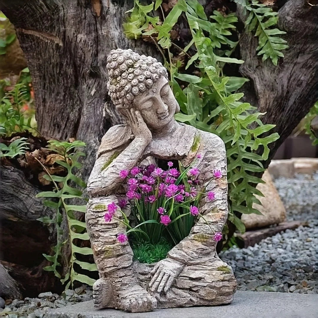 statue bouddha résine zen jardin extérieur pot fleurs gris imitation écorce méditatif verte violette