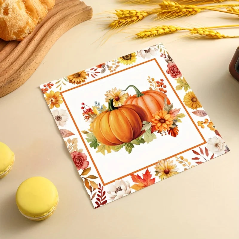 serviettes table imprimées citrouilles feuilles d'automne orange blanc marron vert rouge jaune
