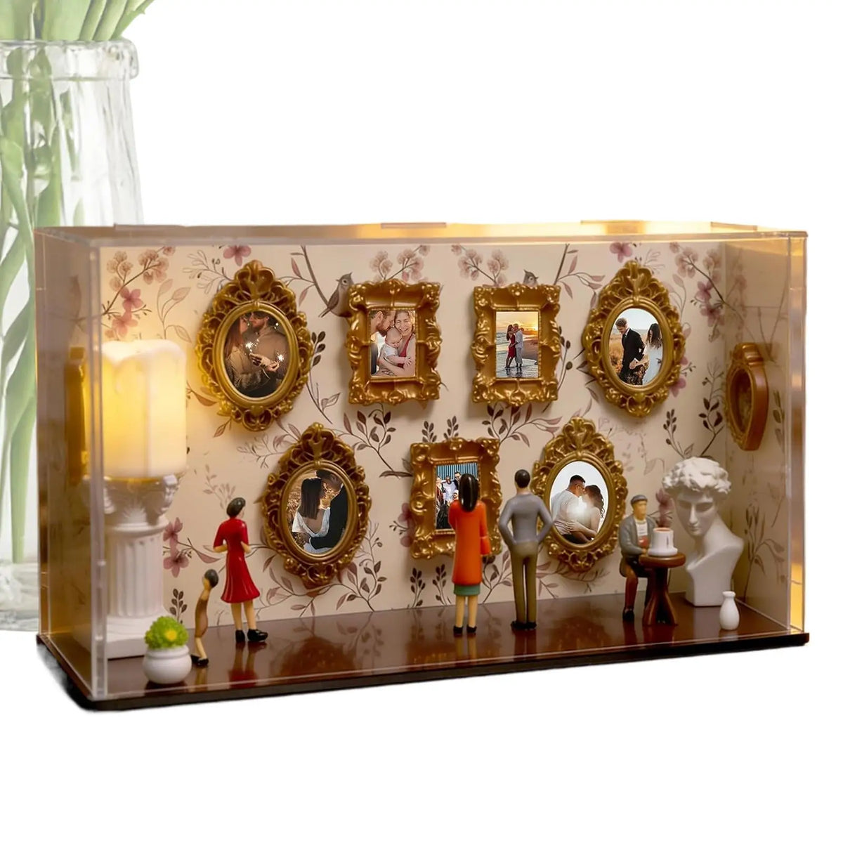 Cadre photo mural classique or fleurs 10 cadres figurines buste bougie vase
