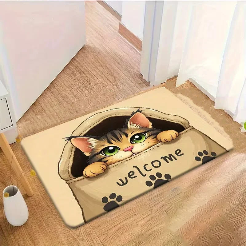 tapis d'entrée moderne chaton bienvenue antidérapant extérieur salon salle bain polyester