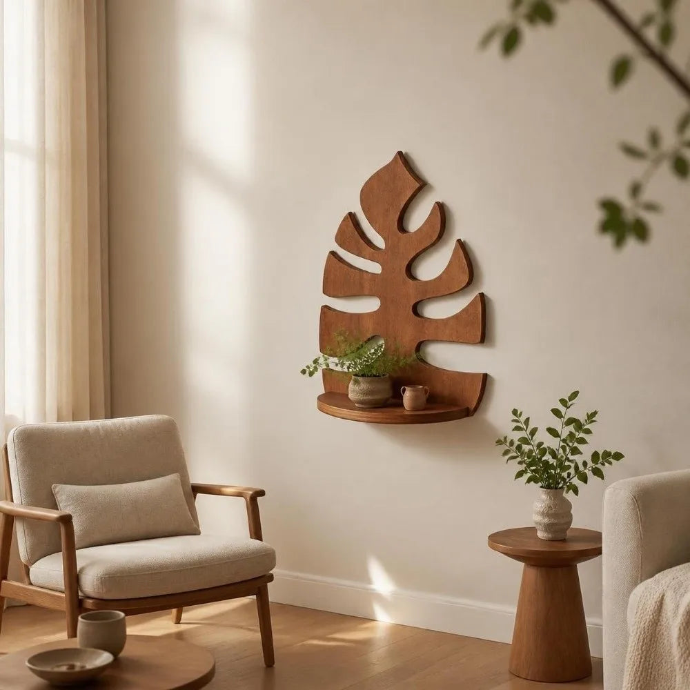 étagères murales bois naturel motifs géométriques modernes minimalistes accrochées adhésif pots plantes