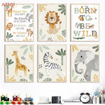 affiche toile animaux jungle lion zebre elephant decor chambre enfant cartoon beige vert