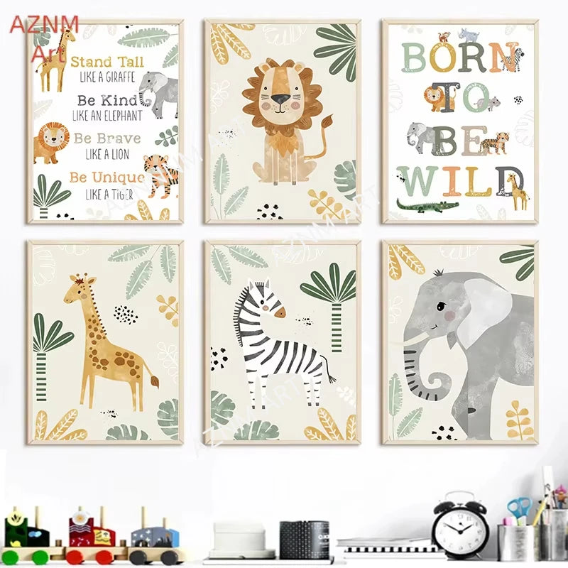 affiche toile animaux jungle lion zebre elephant decor chambre enfant cartoon beige vert