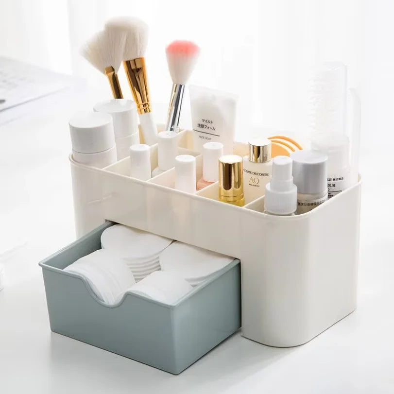 organisateur maquillage tiroirs rangement pinceaux coton pads compartiments modernes minimalistes blanc rose vert pastel
