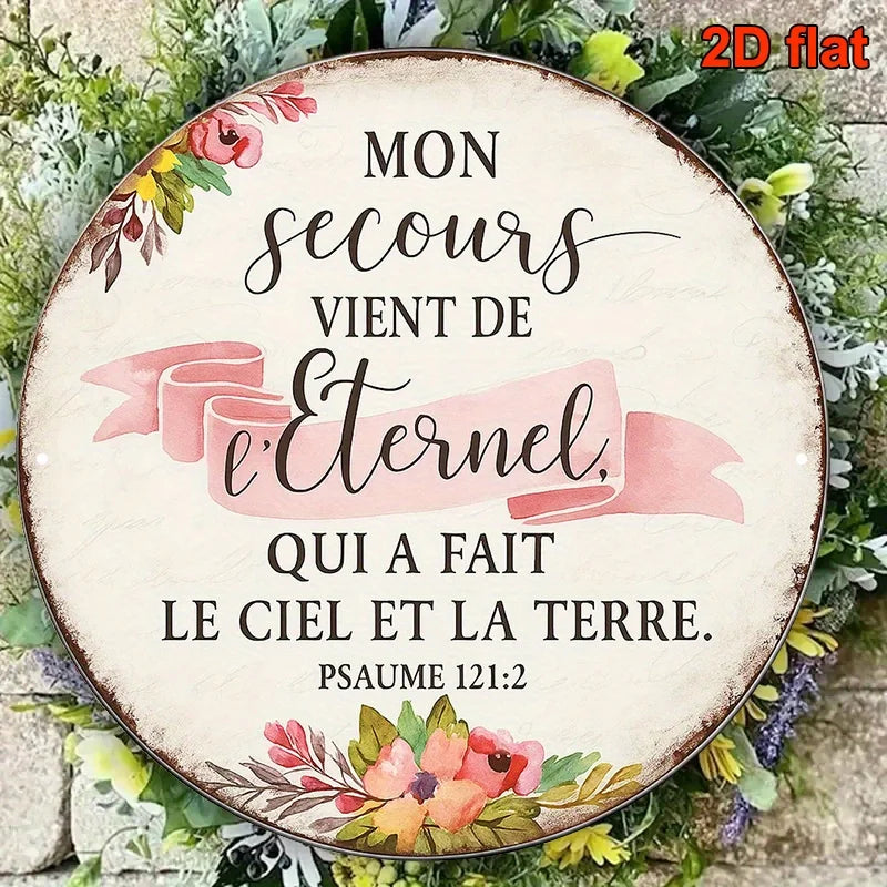 décoration murale vintage plaque circulaire motifs fleurs textes blanc rose