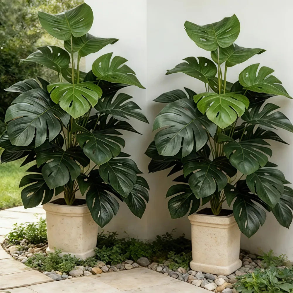 plantes artificielles monstera feuilles vertes pots gris modernes decoration intérieure tropical 75cm 85cm