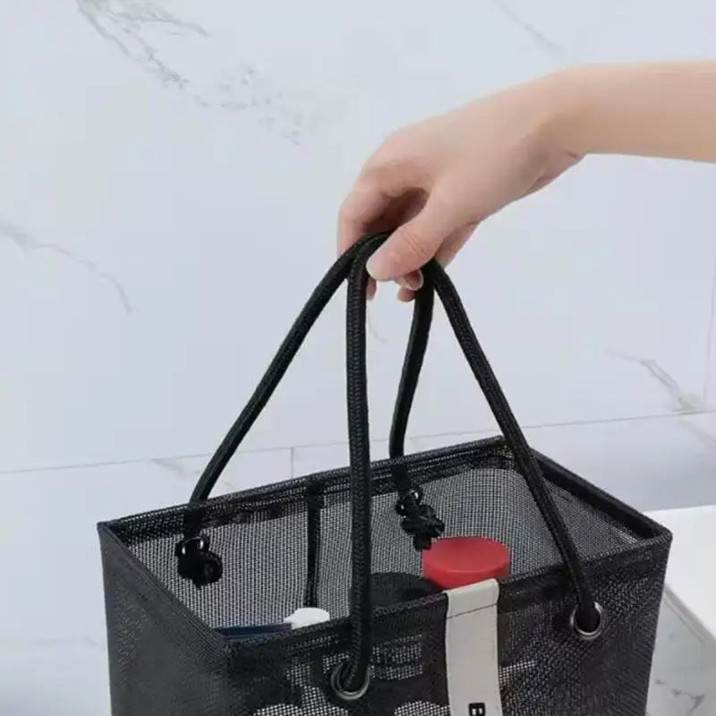 sac rangement noir maille moderne anneaux métalliques poignées étiquette storage
