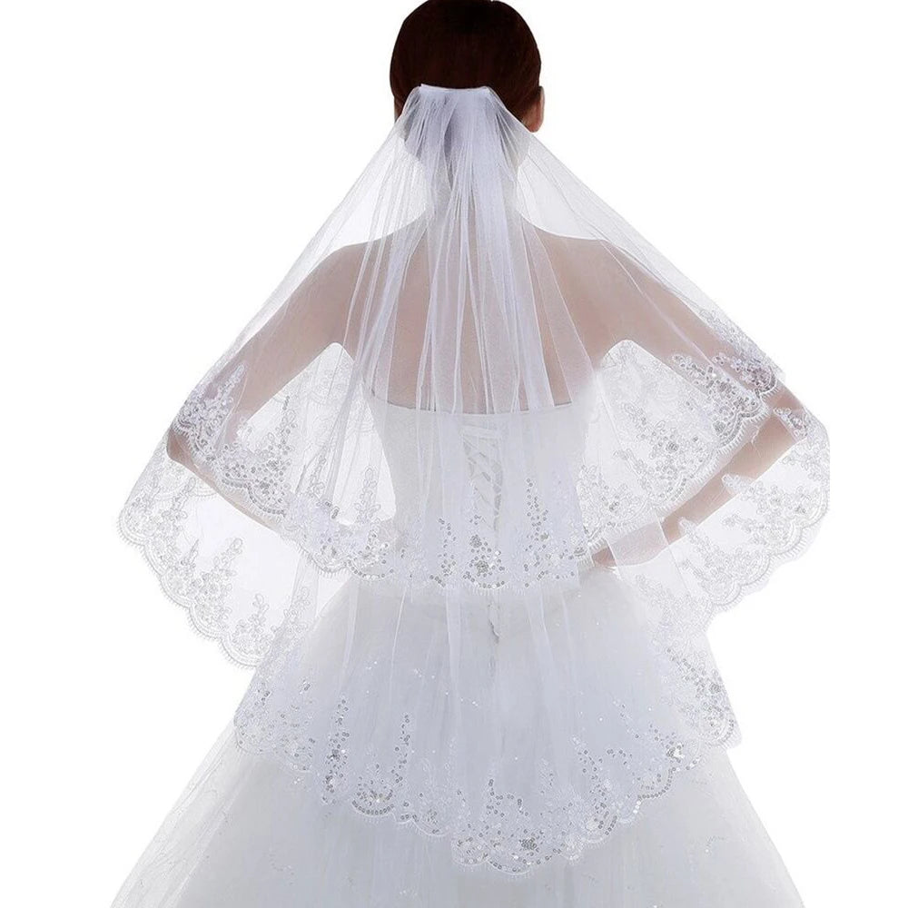 voile mariée blanc dentelle sequins classique clips métalliques translucide élégant future mariée journée spéciale