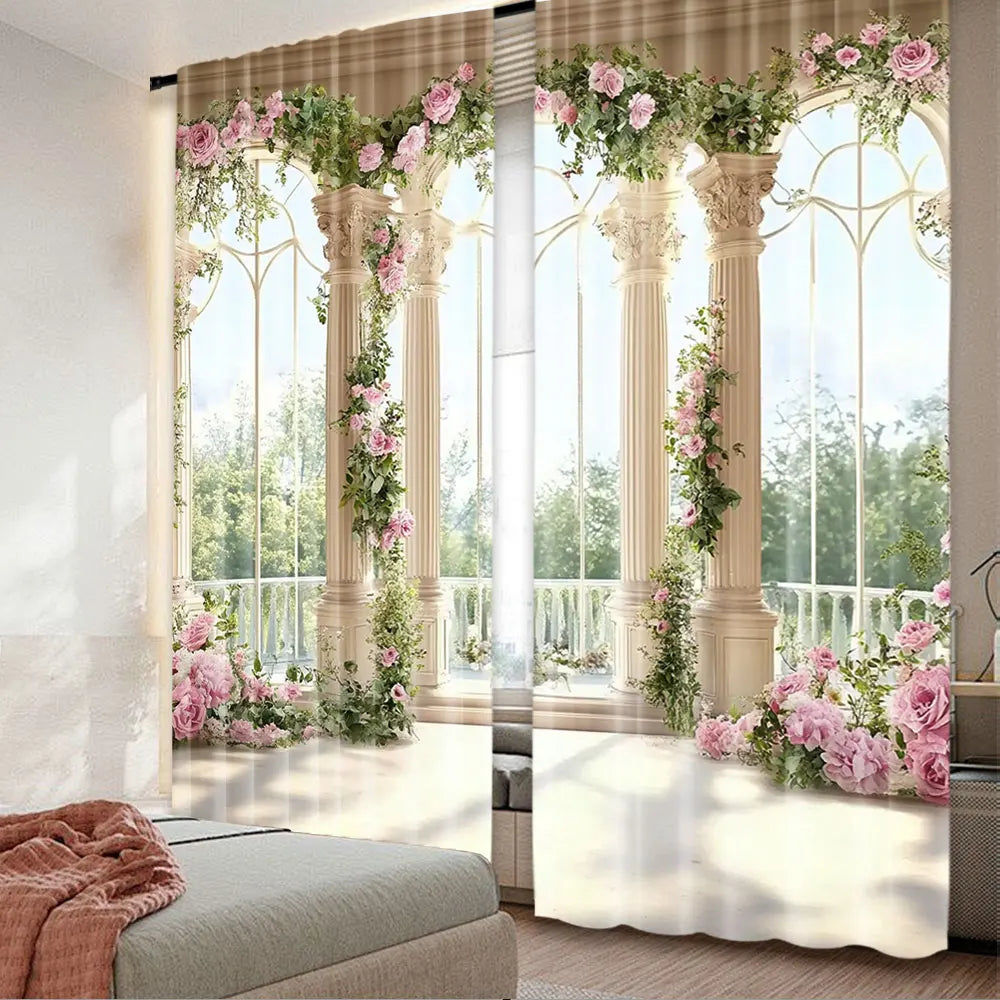 rideau floral classique semi opaque polyester beige rose vert colonnes doriques pièces