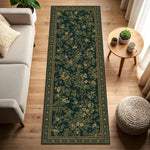 tapis runner floral vert foncé motifs végétaux décoratif moderne antidérapant polypropylène polyester