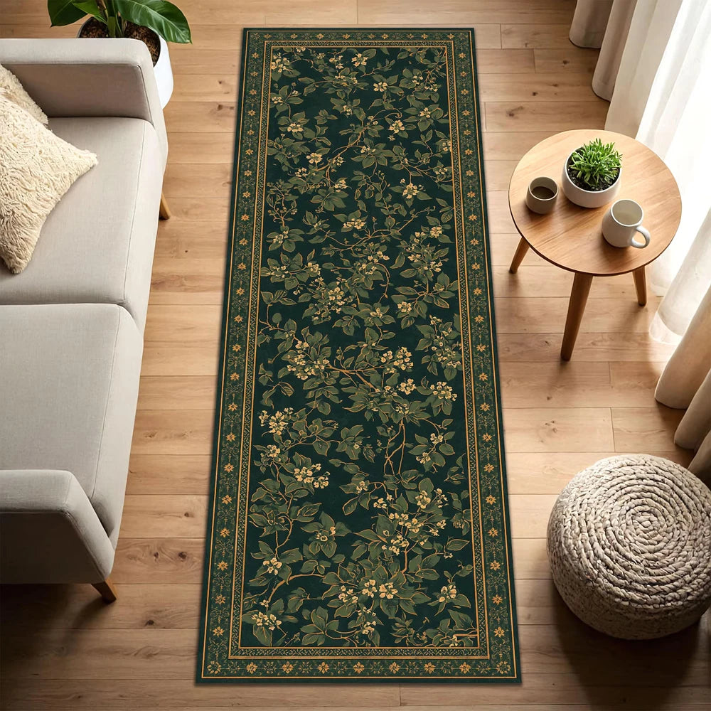 tapis runner floral vert foncé motifs végétaux décoratif moderne antidérapant polypropylène polyester