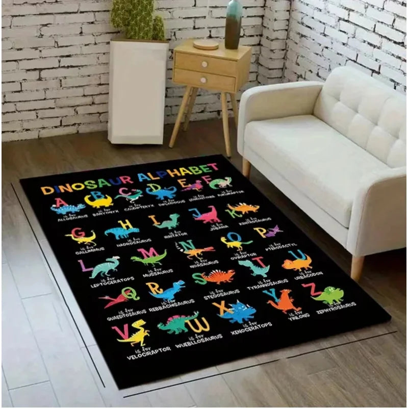 tapis d'aventure dinosaures géométrique moderne enfant vert bleu orange jaune noir salon chambre