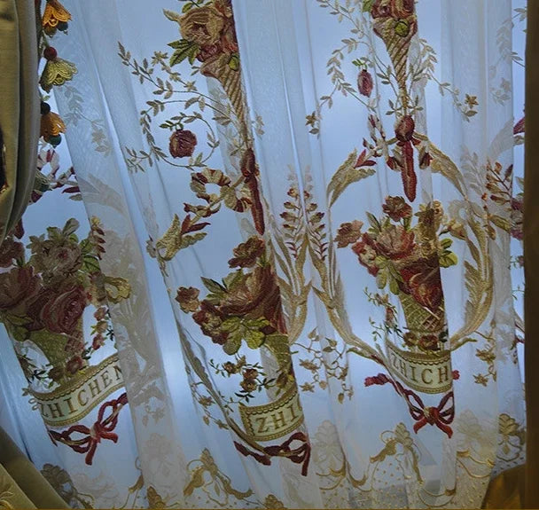 rideaux floral brodés velours beige rose classiques rubans dorés translucides 200x250cm