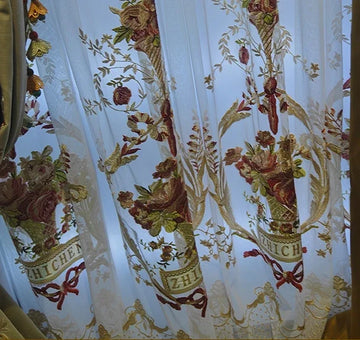 rideaux floral brodés velours beige rose classiques rubans dorés translucides 200x250cm