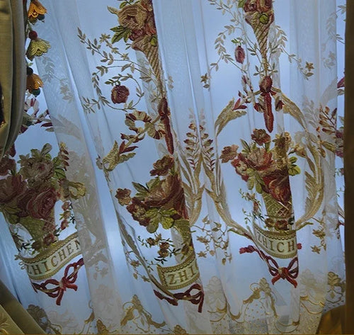 rideaux floral brodés velours beige rose classiques rubans dorés translucides 200x250cm