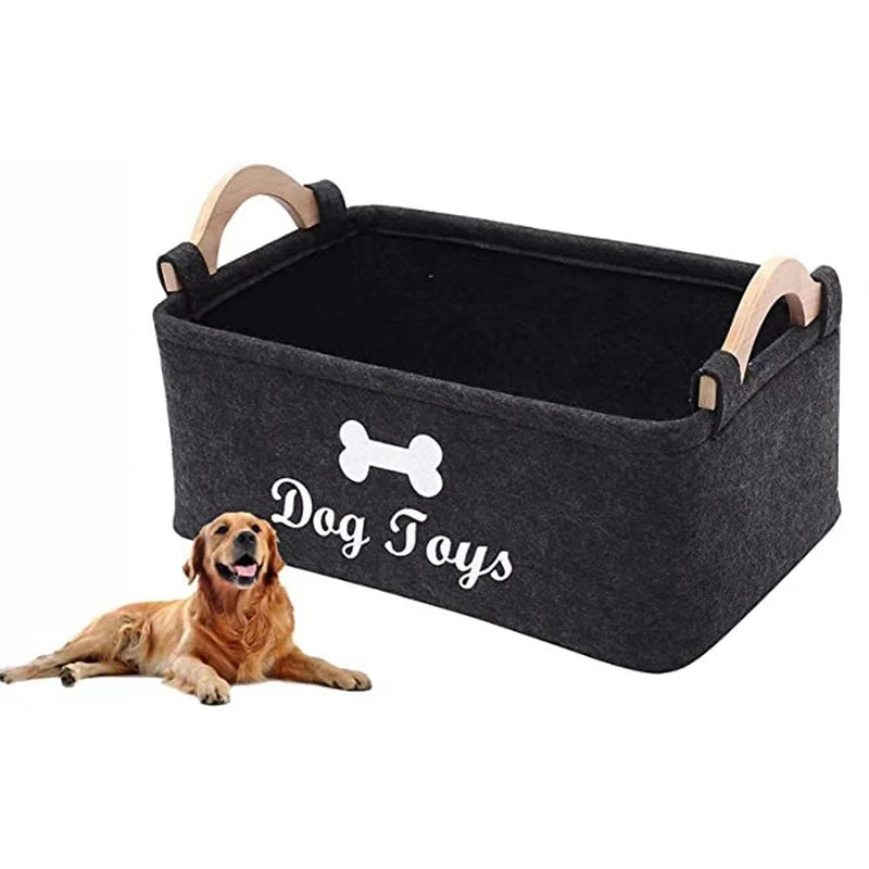 panier jouets chien feutre gris moderne poignées bois 38cm 25cm 18cm