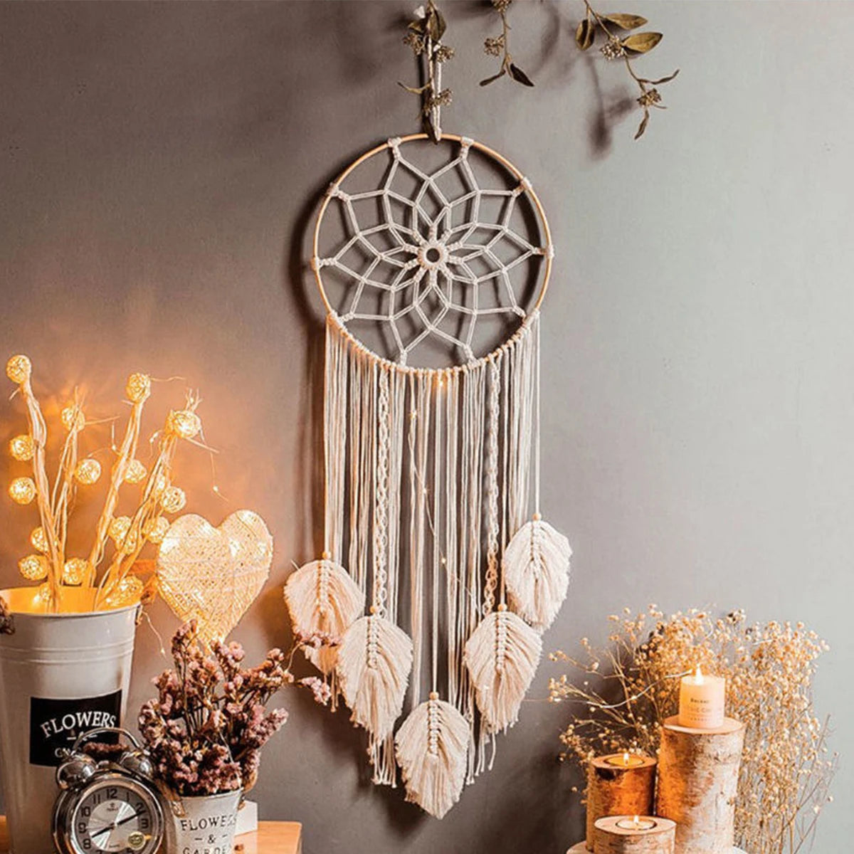 décoration murale attrape rêves macramé feuilles boho chic crochet textiles moderne maison salon