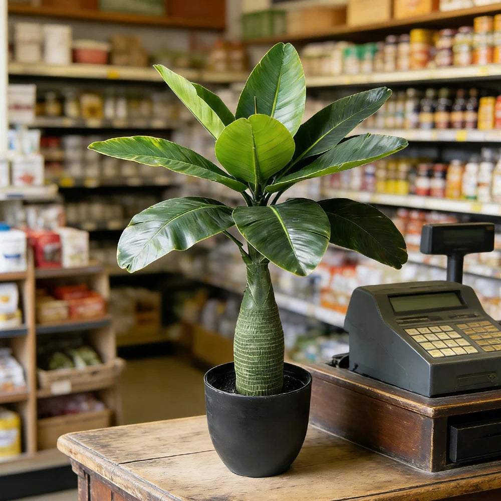 plantes artificielles arbre bananier tronc épais feuilles larges vertes pot noirintérieur décoration maison