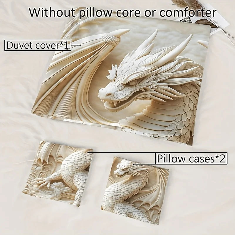 housse couette dragon relief deux taies oreiller motifs floraux literie decorative polyester beige blanc