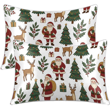 taies d'oreiller noël imprimées couleurs chaudes santas cerfs arbres décoration traditionnelle chambre lit blanc