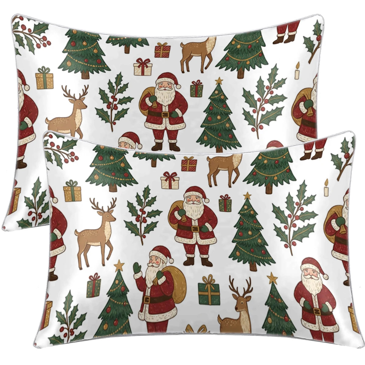 taies d'oreiller noël imprimées couleurs chaudes santas cerfs arbres décoration traditionnelle chambre lit blanc