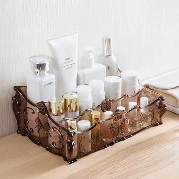 Boîte de rangement maquillage plastique blanc sur étagère de salle de bain