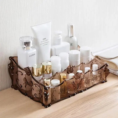 Boîte de rangement maquillage plastique blanc sur étagère de salle de bain