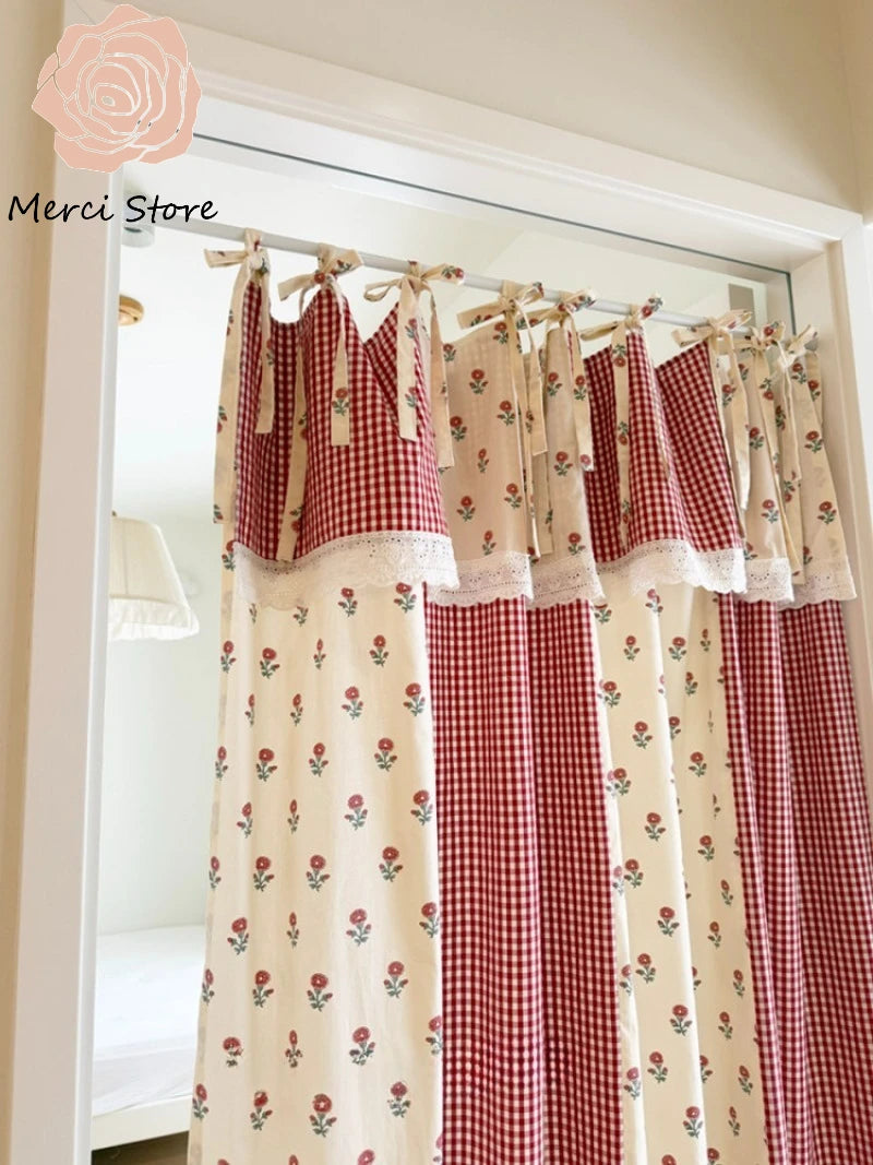 rideau fleurs rouges blancs classique rustique anneaux dentelle maison kitchen vintage