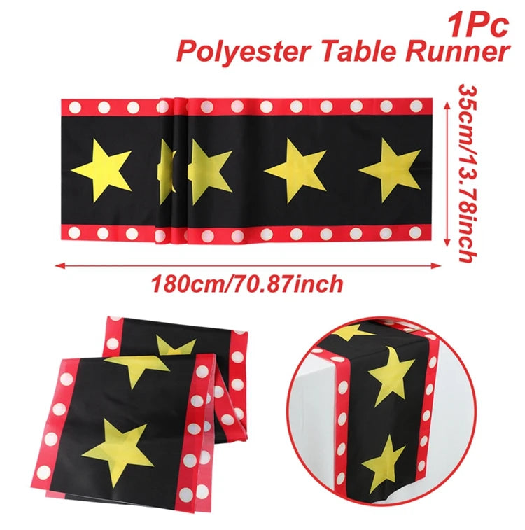décoration anniversaire thème cinéma assiettes jetables serviettes gobelets nappe guirlande popcorn rouge noir doré
