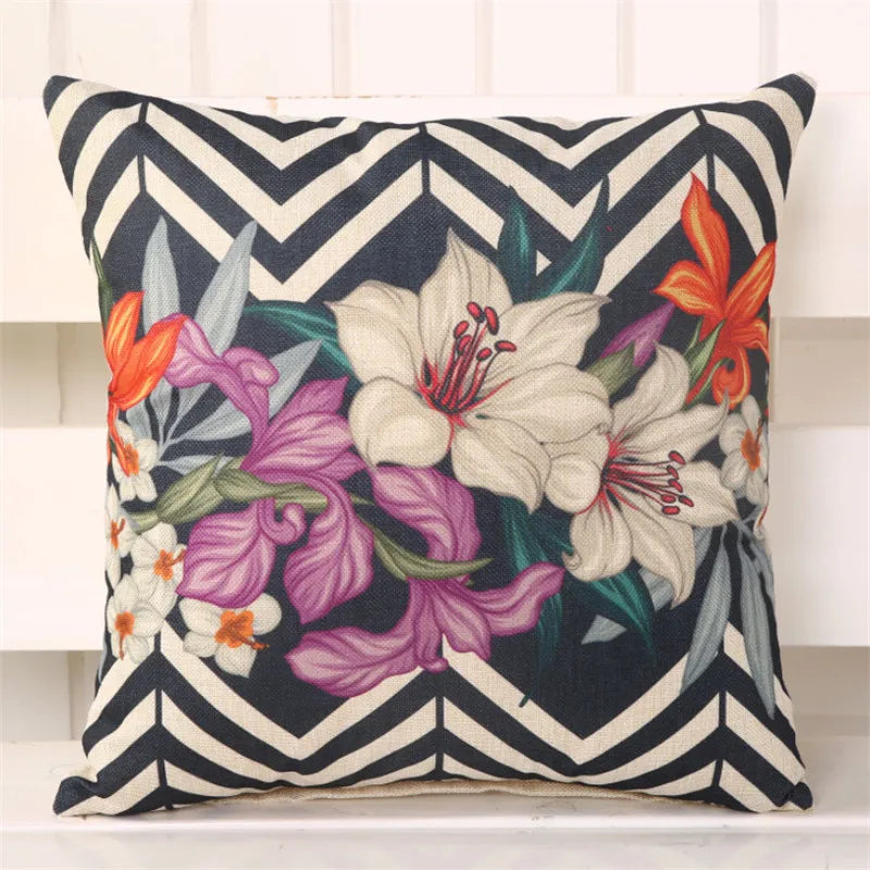 housse coussin carré fleurs vintage moderne coton lin décoration salon maison bleu blanc rose