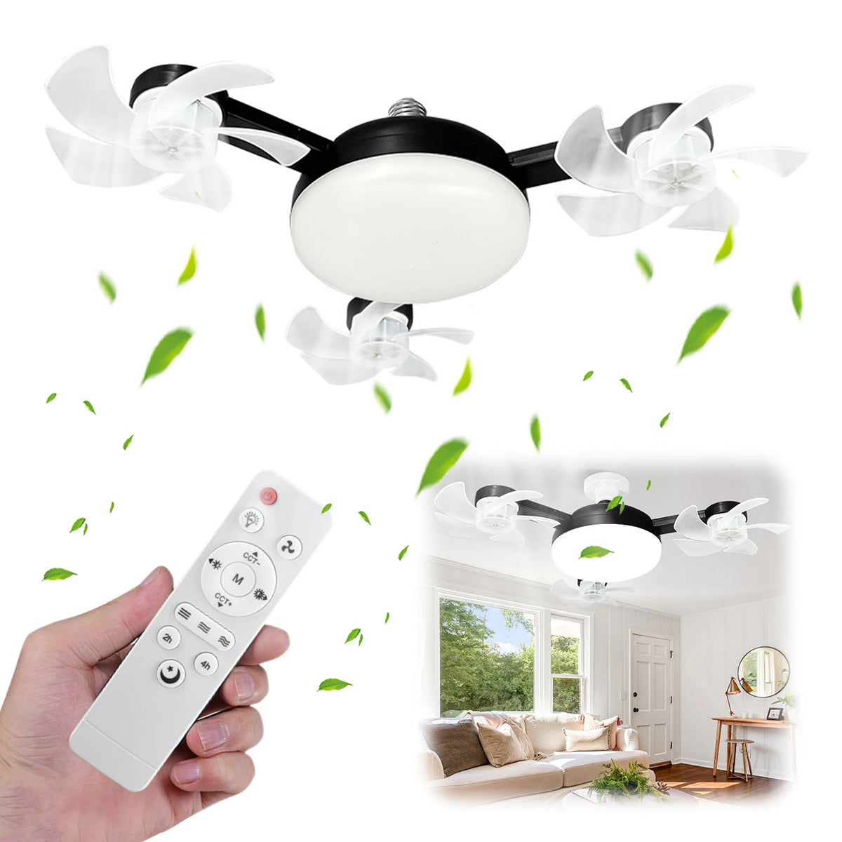ventilateur lampe led 249 lumens vitesses télécommande moderne ailes translucides noir blanc