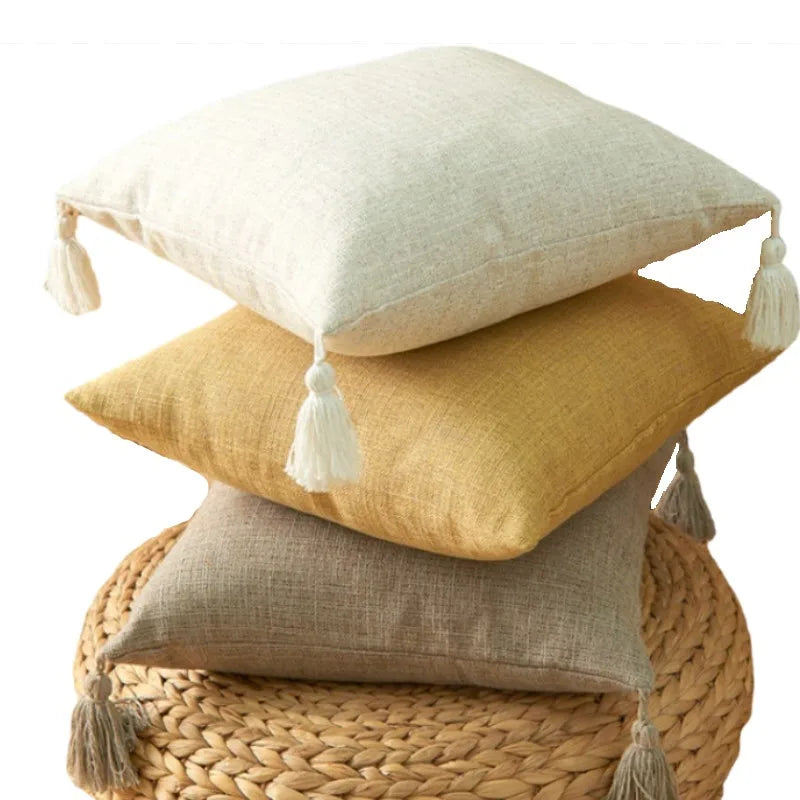 coussin carré rustique polyester brodé lin beige clair lavable amovible 45x45cm glands