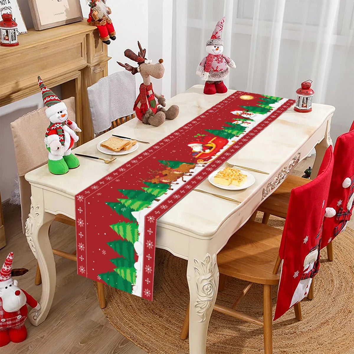 table noël rouge blanche verte noël oiseaux flocons poinsettias sapins festive