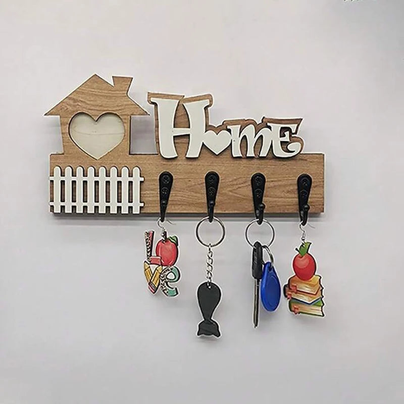 porte clés mural bois naturel motif maison cœur rustique texte decoration entrée