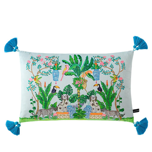 housse coussin rectangulaire motif oiseaux animaux plantes exotiques vert bleu rose