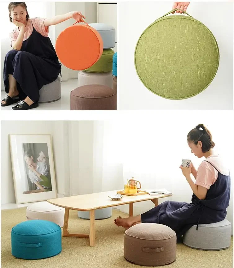 coussin rond lin mousse pu amovible lavable couleur beige orange décoration zen